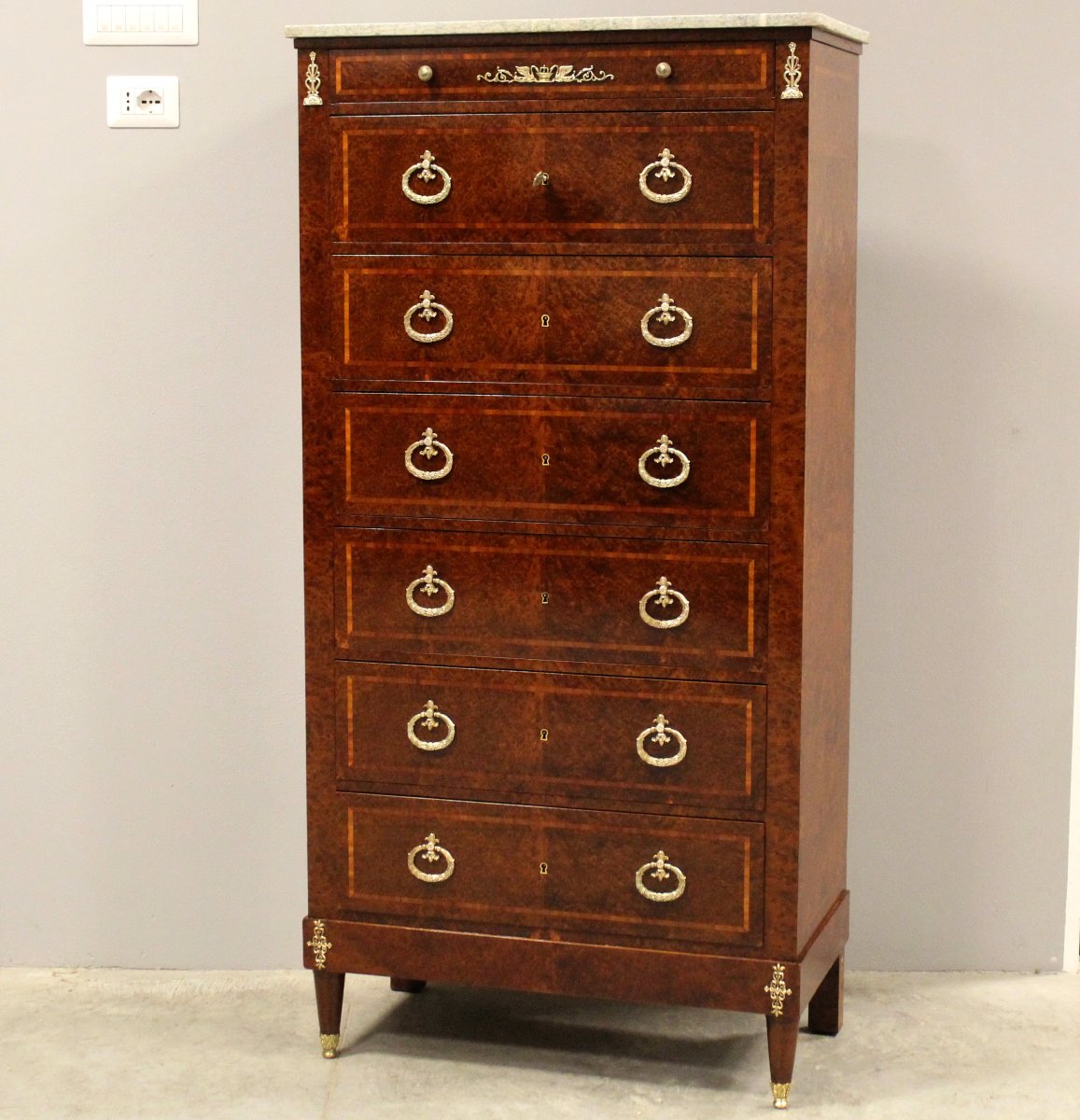 Ancien semainier chiffonnière commode d'époque Napoleon iii en marqueterie - 19ème