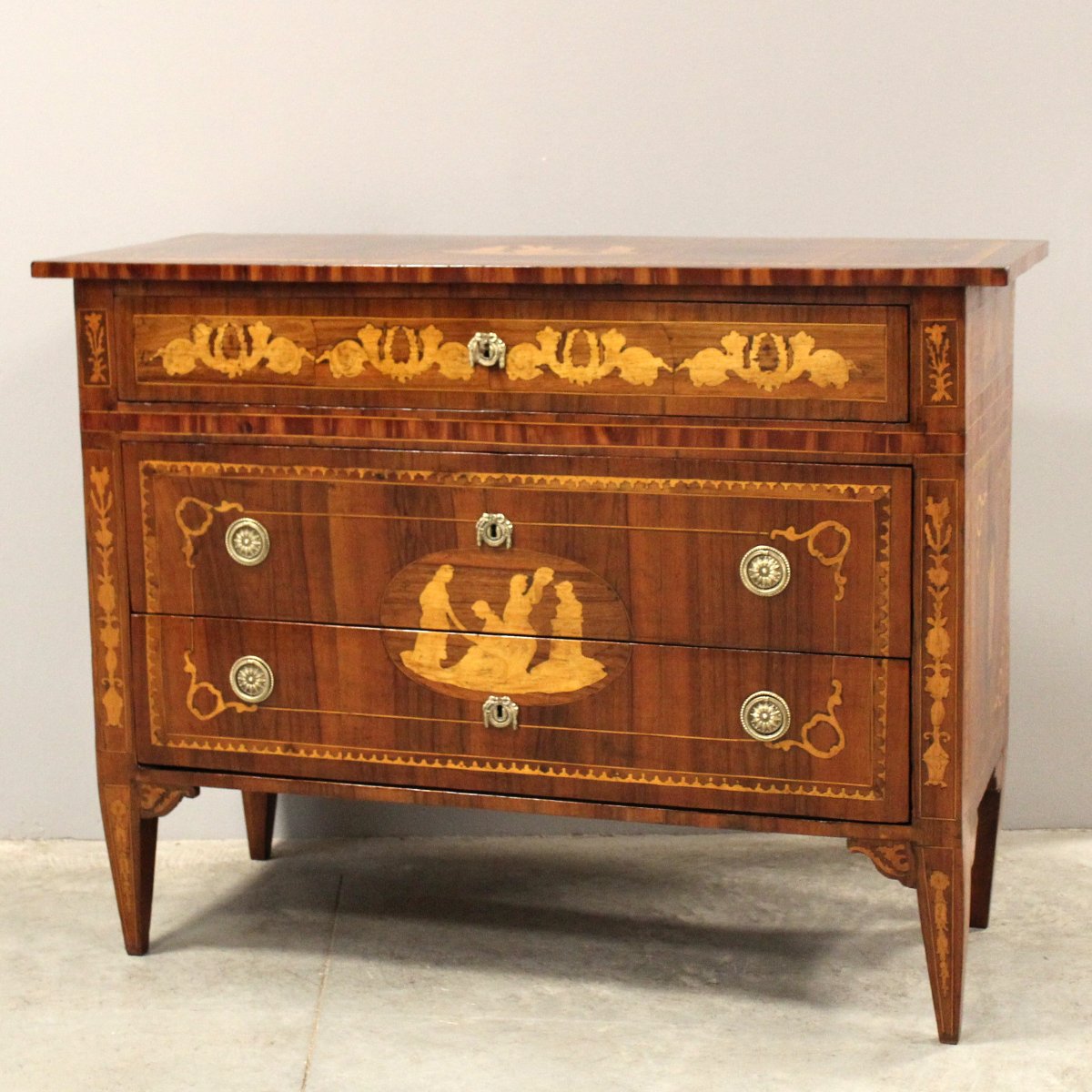 Ancien commode Louis XVI en noyer et marqueterie - Italie 19ème-photo-2