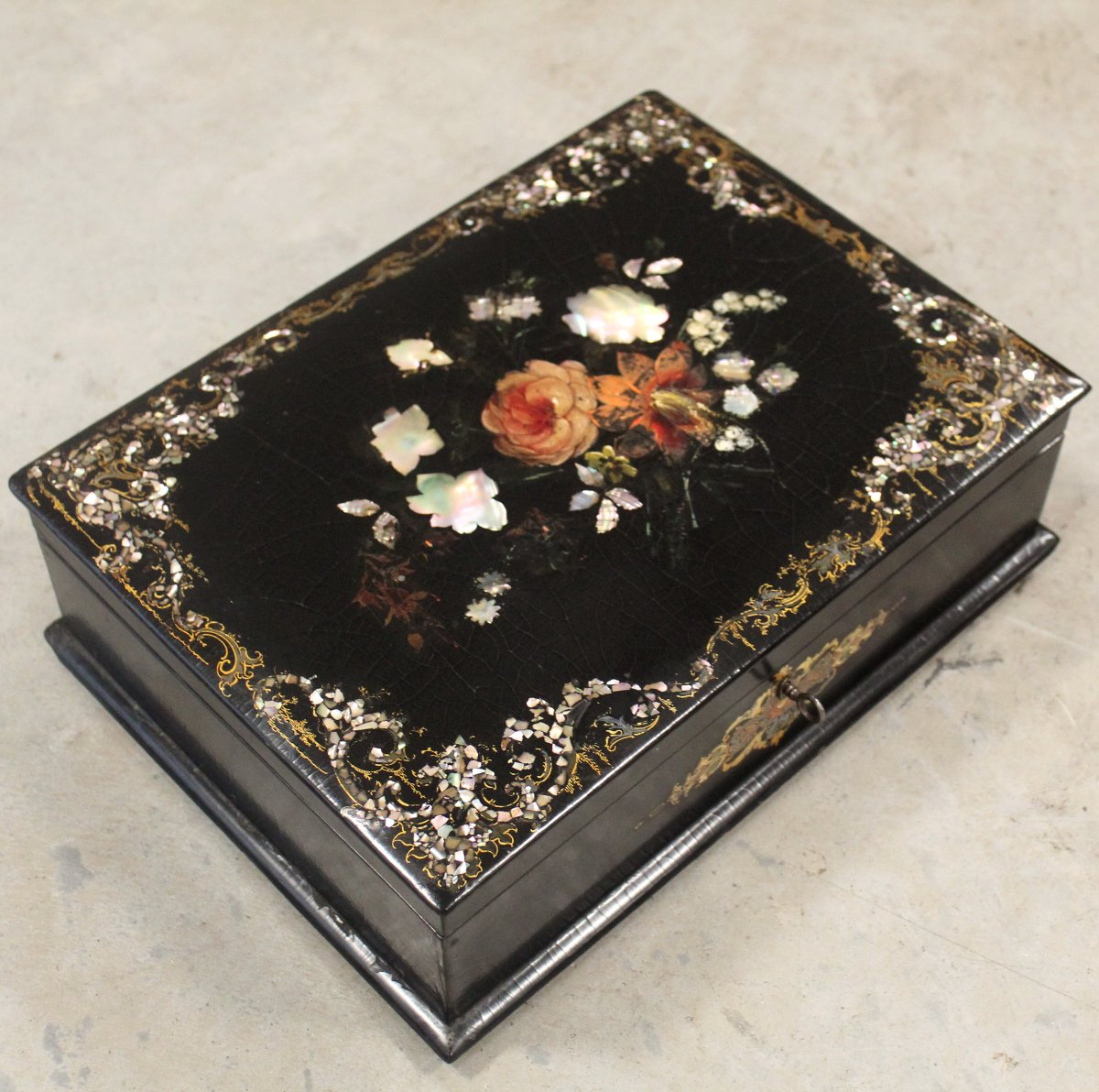 Ancien  coffret boîte à bijoux en bois laqué peint et marqueterie - 19ème-photo-2