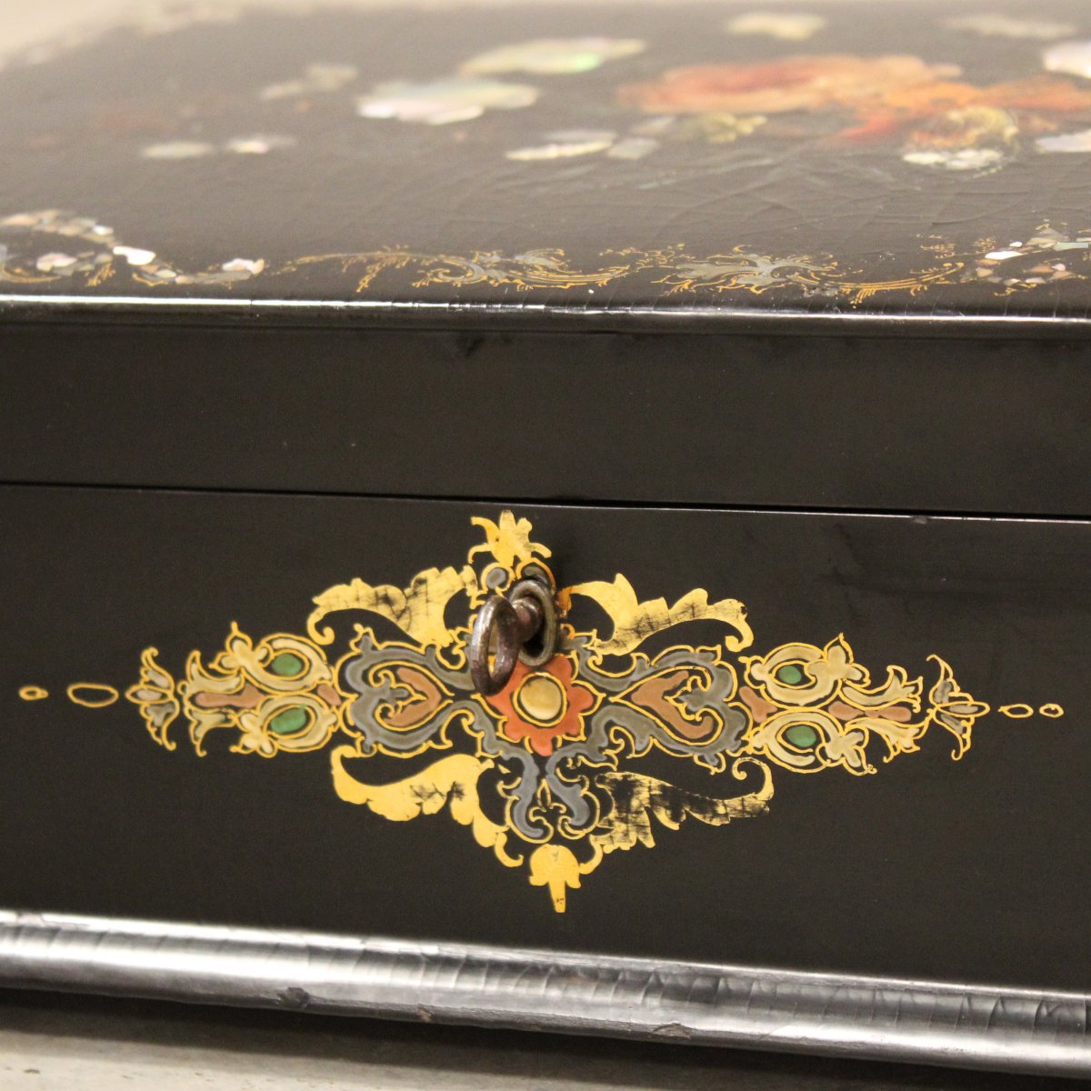 Ancien  coffret boîte à bijoux en bois laqué peint et marqueterie - 19ème-photo-8