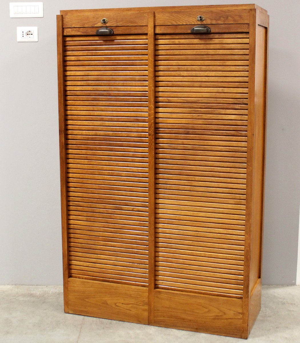 Antique Binder Rolling Curtain Filing Cabinet In Oak-photo-2