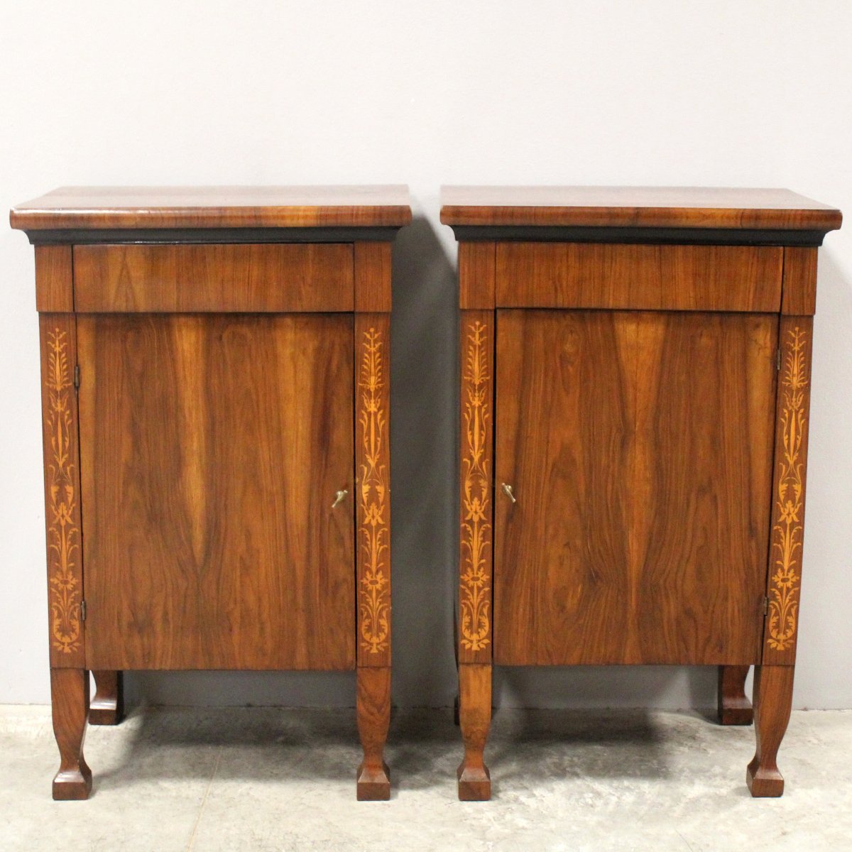Antique Pair Of Empire Bedsides Nightstands Tables In Walnut And Marquetry - Italy 19th-photo-2