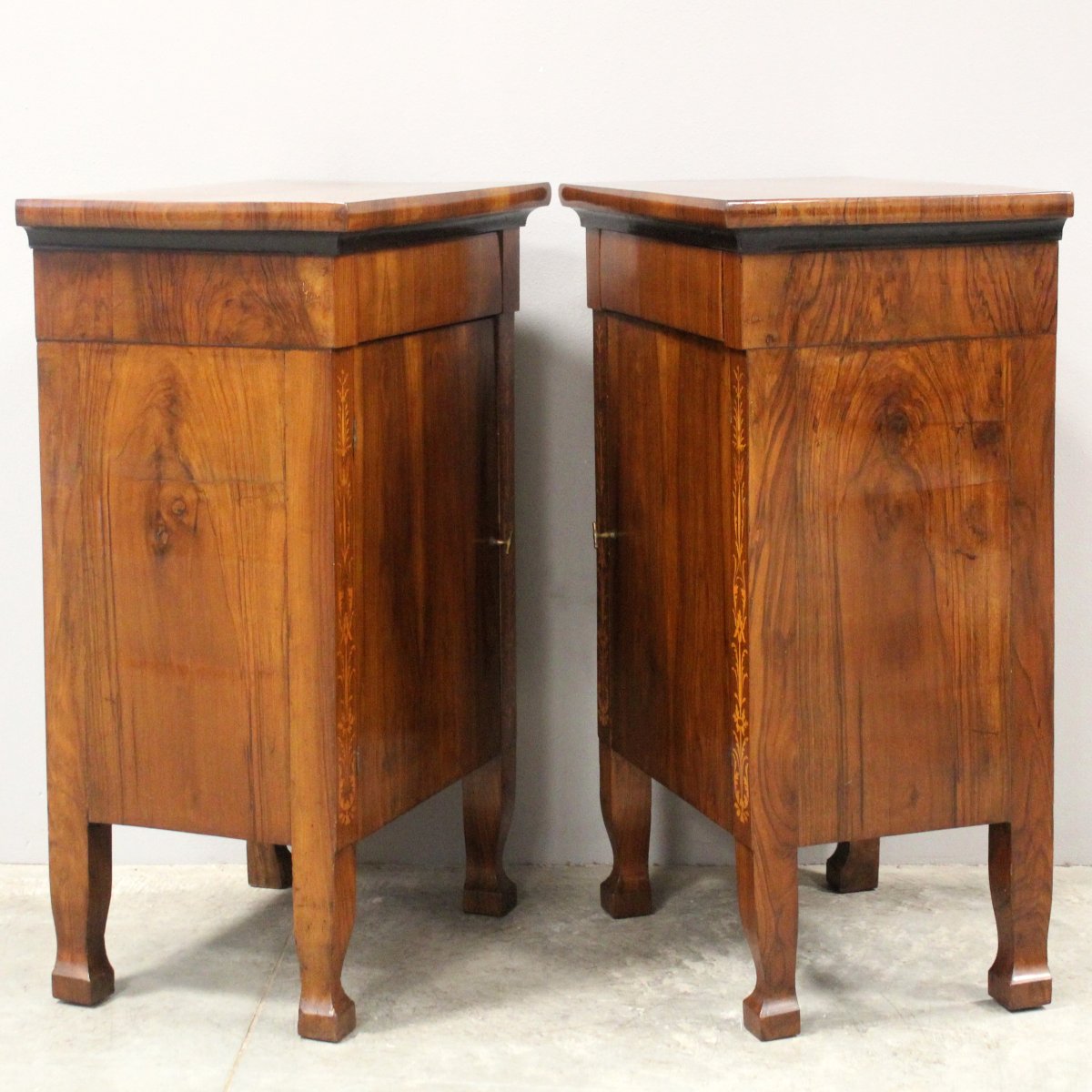 Antique Pair Of Empire Bedsides Nightstands Tables In Walnut And Marquetry - Italy 19th-photo-4