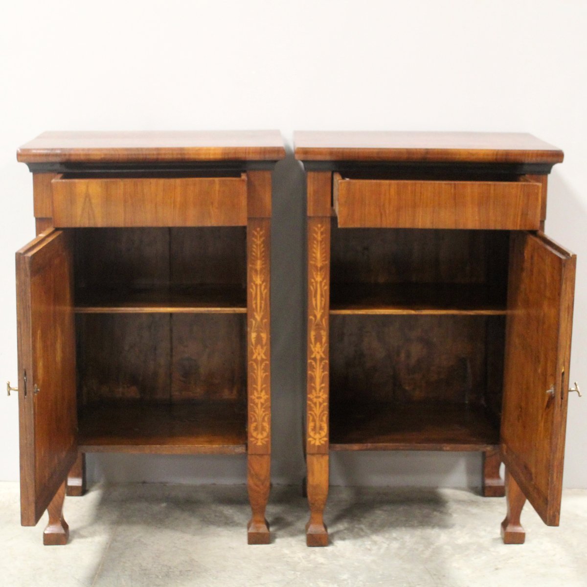 Antique Pair Of Empire Bedsides Nightstands Tables In Walnut And Marquetry - Italy 19th-photo-4