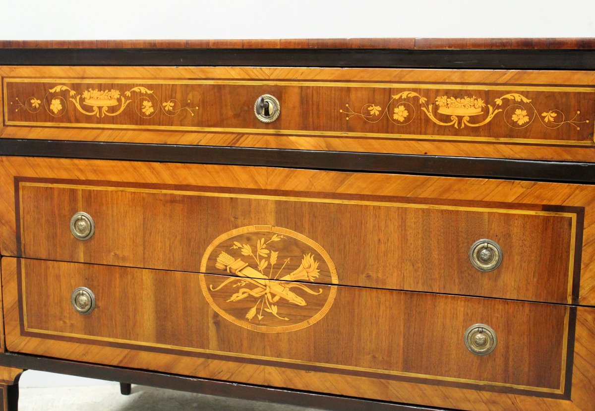 Antique Louis XVI Chest Of Drawers In Walnut And Marquetry - Italy 18th-photo-7