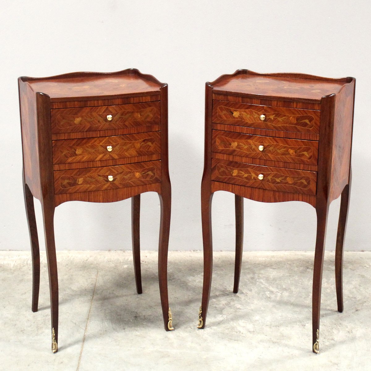 Antique Pair Of Napoleon III Bedsides Nightstands Tables In Marquetry-photo-2