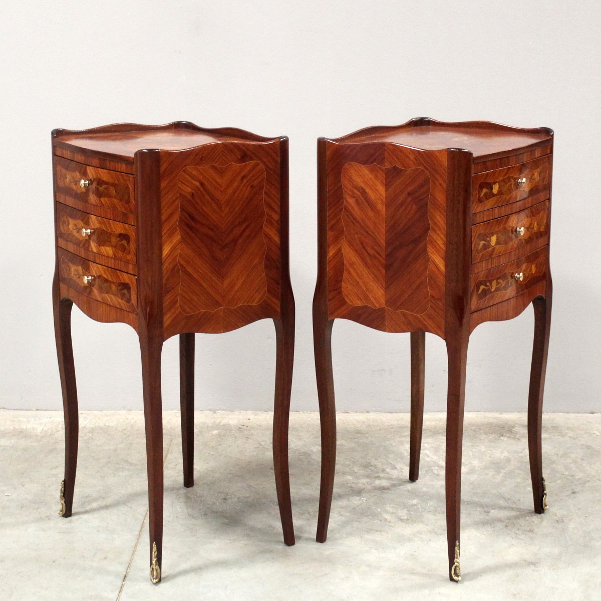 Antique Pair Of Napoleon III Bedsides Nightstands Tables In Marquetry-photo-3