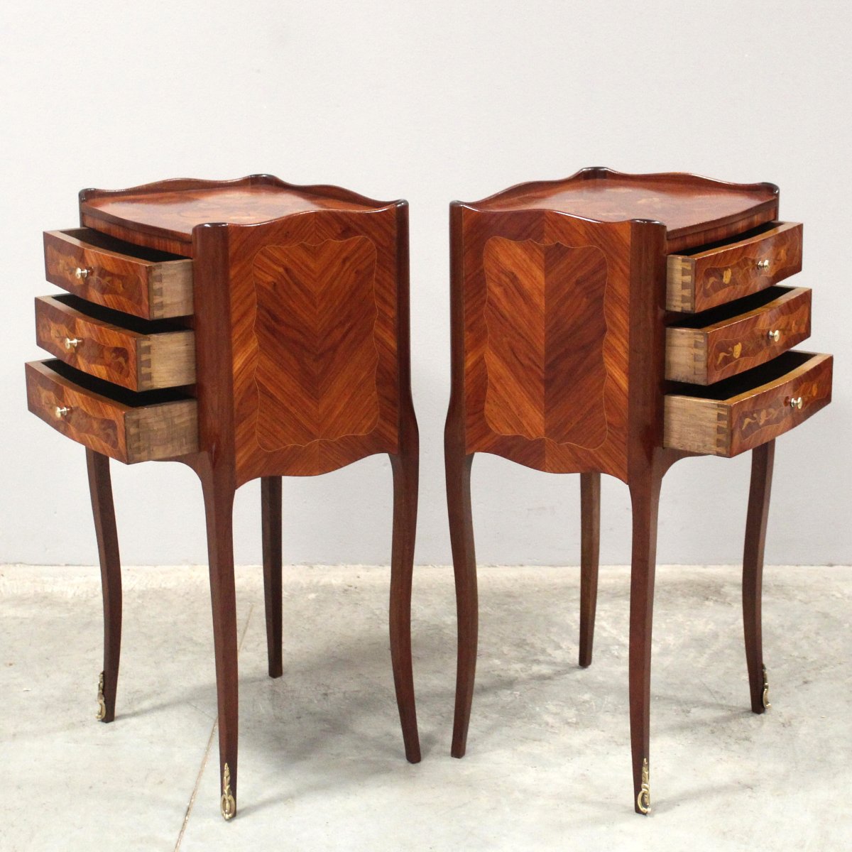 Antique Pair Of Napoleon III Bedsides Nightstands Tables In Marquetry-photo-4