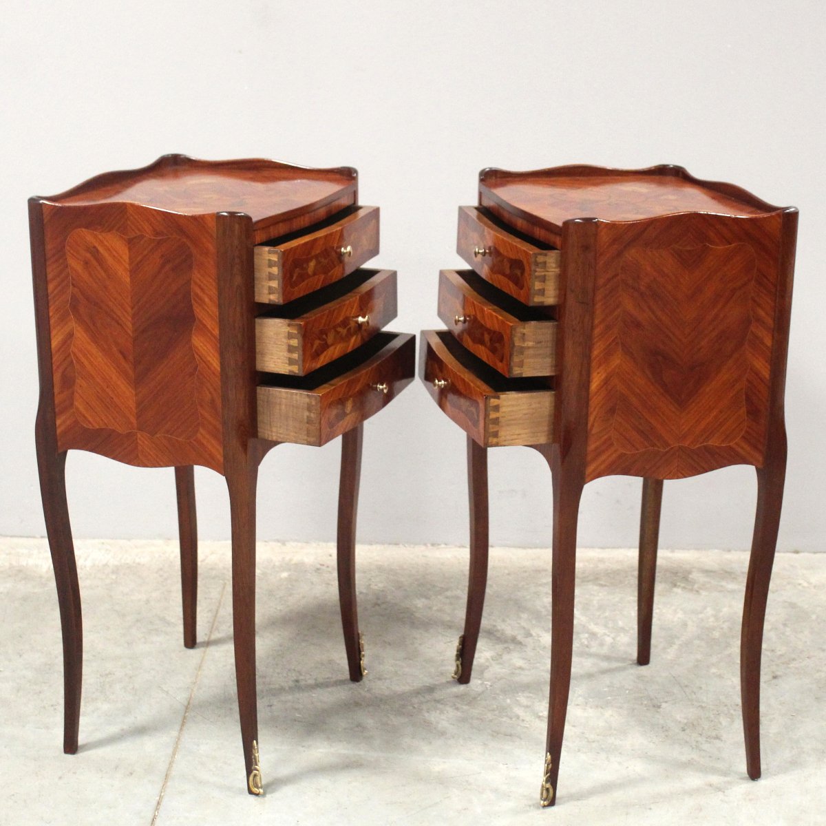 Antique Pair Of Napoleon III Bedsides Nightstands Tables In Marquetry-photo-1