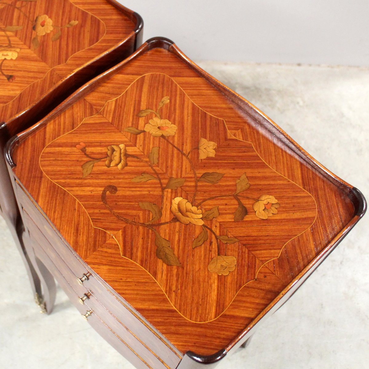 Antique Pair Of Napoleon III Bedsides Nightstands Tables In Marquetry-photo-7