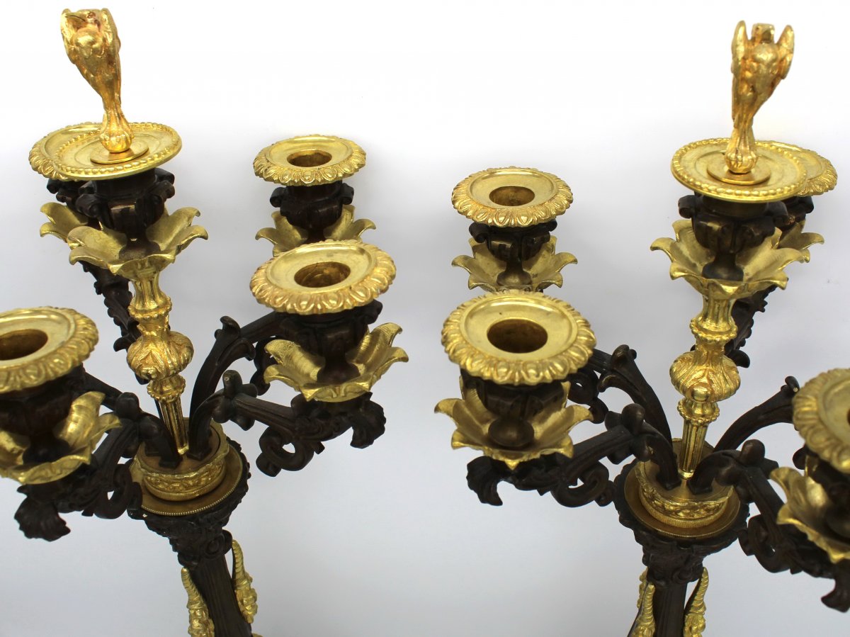 Ancien Paire de Chandeliers Candelabres Bougeoirs d'époque Empire (H.70) en bronze - du 19ème-photo-4