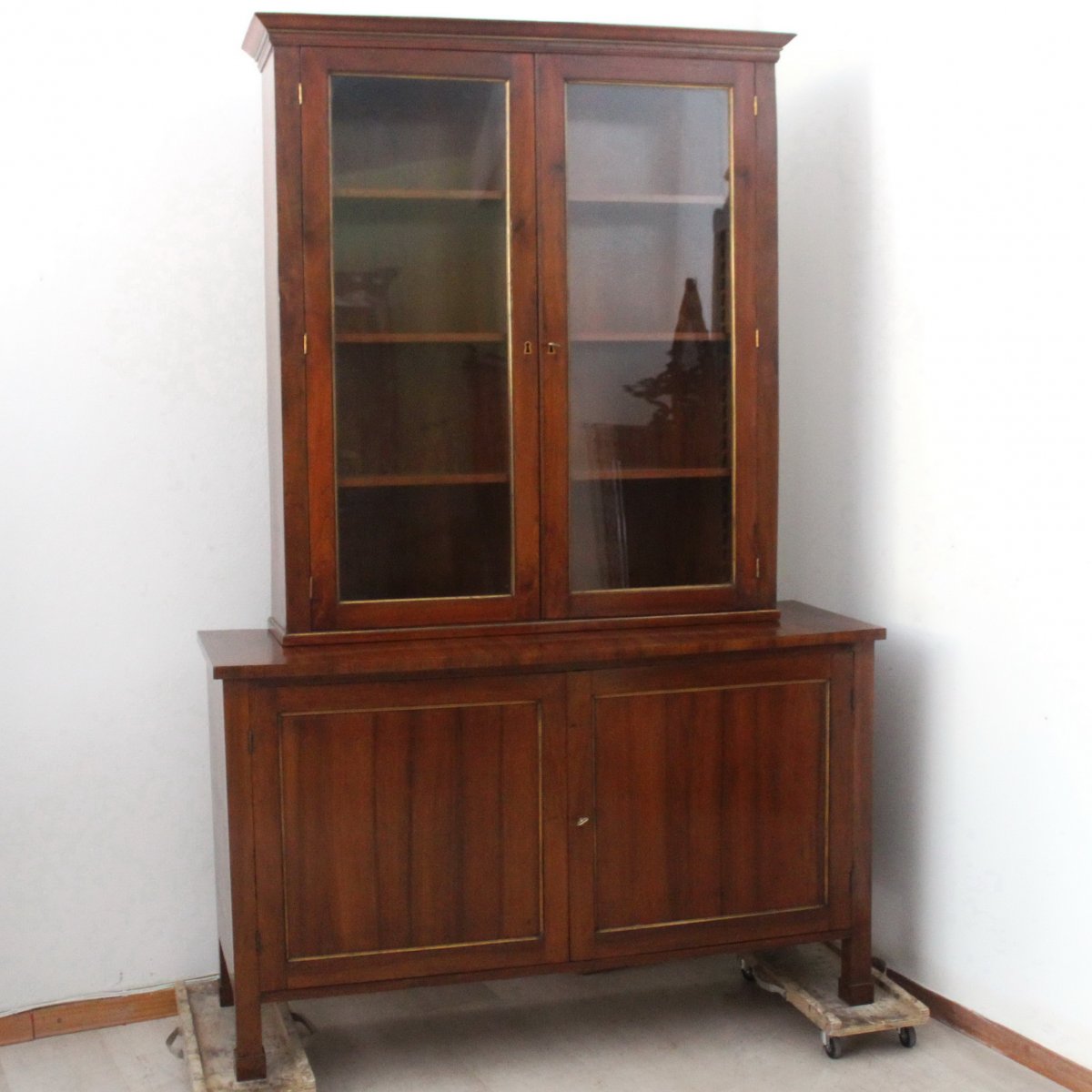 Antique Charles X Showcase Dresser Cabinet Bookcase In Walnut - Italy 19th Century-photo-2