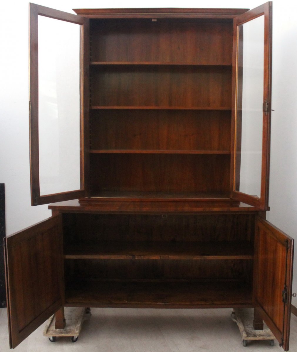Antique Charles X Showcase Dresser Cabinet Bookcase In Walnut - Italy 19th Century-photo-6