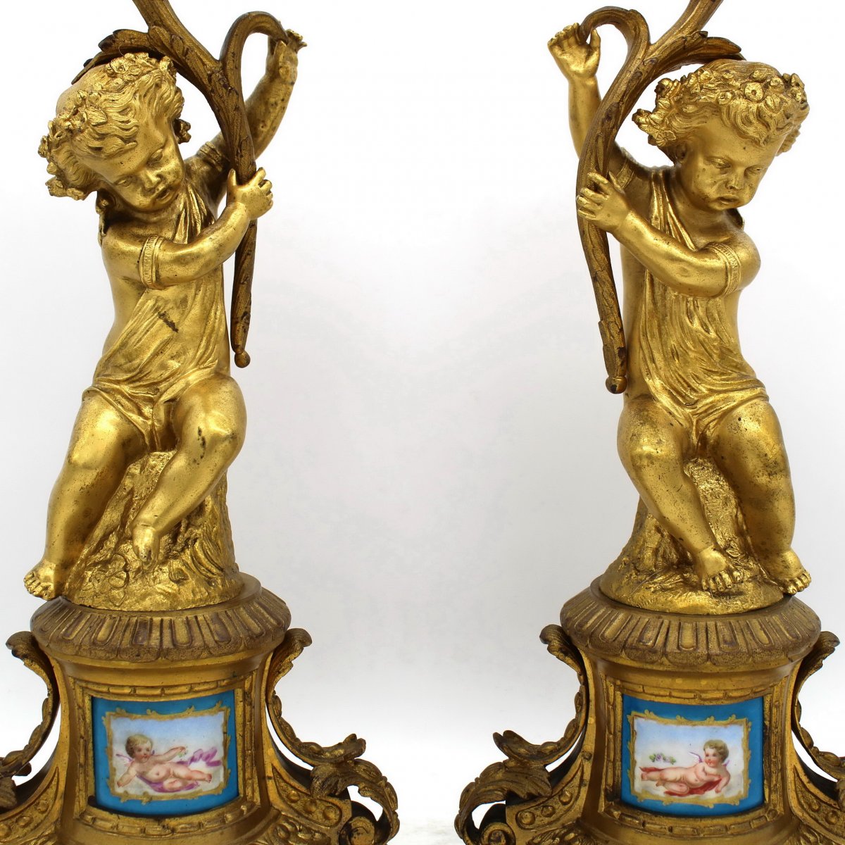 Ancien Paire Chandeliers Candelabres Bougeoirs d'époque Napoleon III Bronze et Porcelaine 19ème-photo-3
