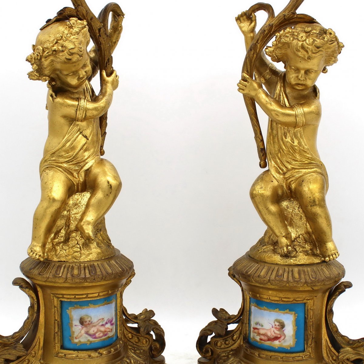 Ancien Paire Chandeliers Candelabres Bougeoirs d'époque Napoleon III Bronze et Porcelaine 19ème-photo-4