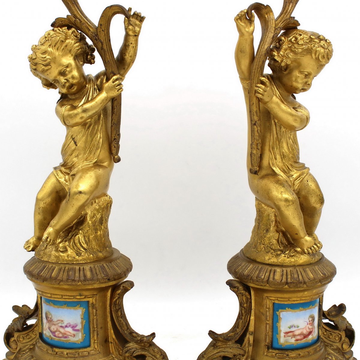Ancien Paire Chandeliers Candelabres Bougeoirs d'époque Napoleon III Bronze et Porcelaine 19ème-photo-1