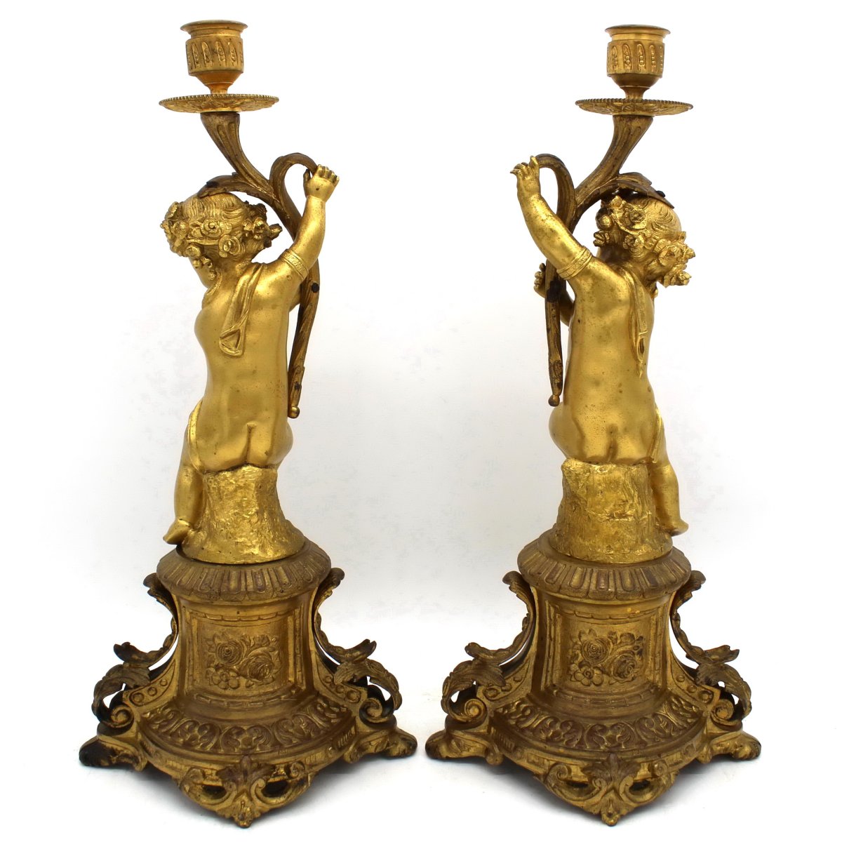 Ancien Paire Chandeliers Candelabres Bougeoirs d'époque Napoleon III Bronze et Porcelaine 19ème-photo-3