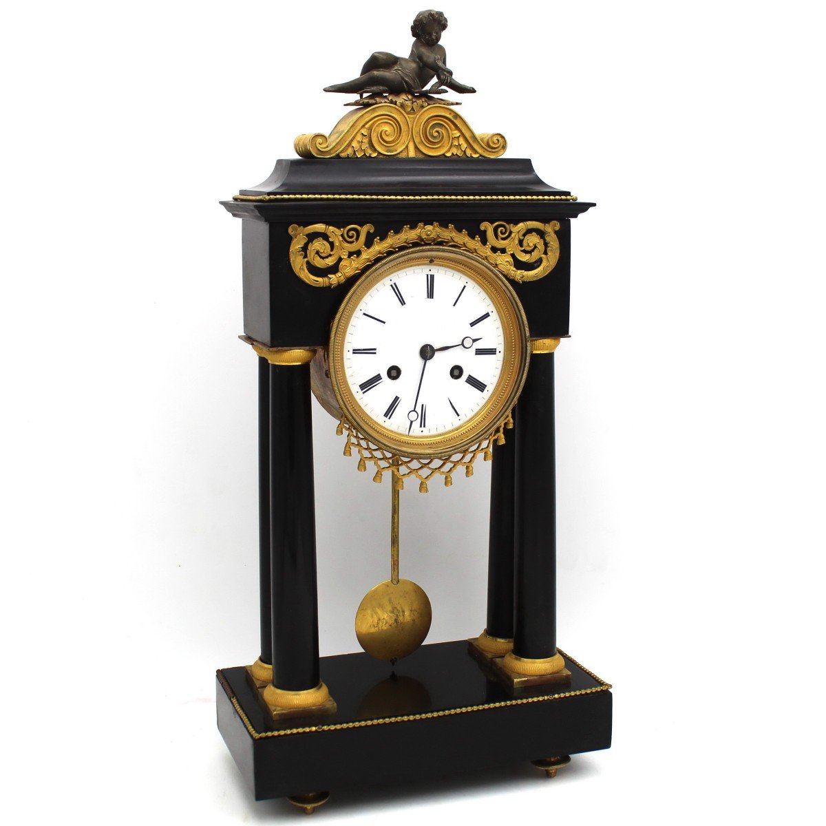 Ancien Horloge Pendule Portique d'époque Directoire en bronze doré et marbre (H.53) - 18ème signé-photo-2