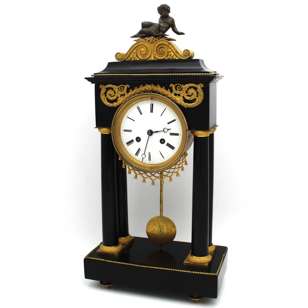 Ancien Horloge Pendule Portique d'époque Directoire en bronze doré et marbre (H.53) - 18ème signé-photo-3