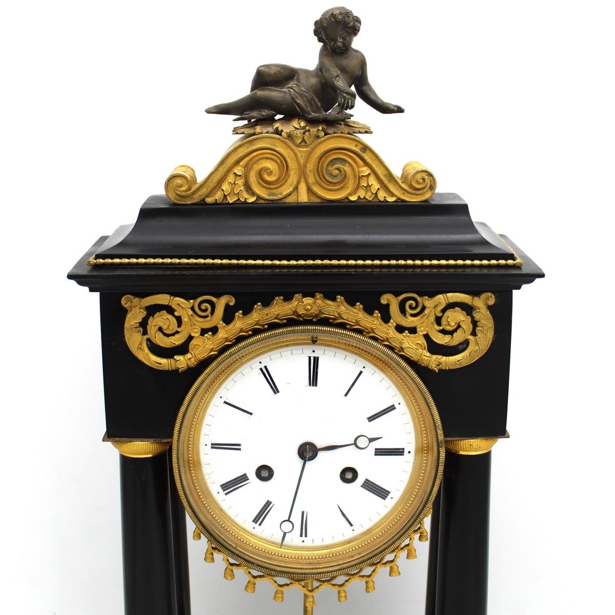 Ancien Horloge Pendule Portique d'époque Directoire en bronze doré et marbre (H.53) - 18ème signé-photo-4