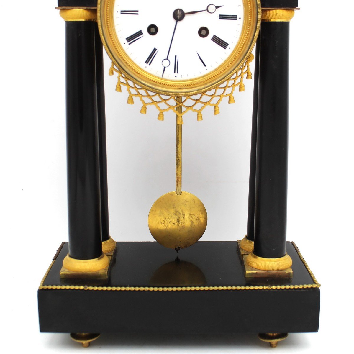 Ancien Horloge Pendule Portique d'époque Directoire en bronze doré et marbre (H.53) - 18ème signé-photo-1