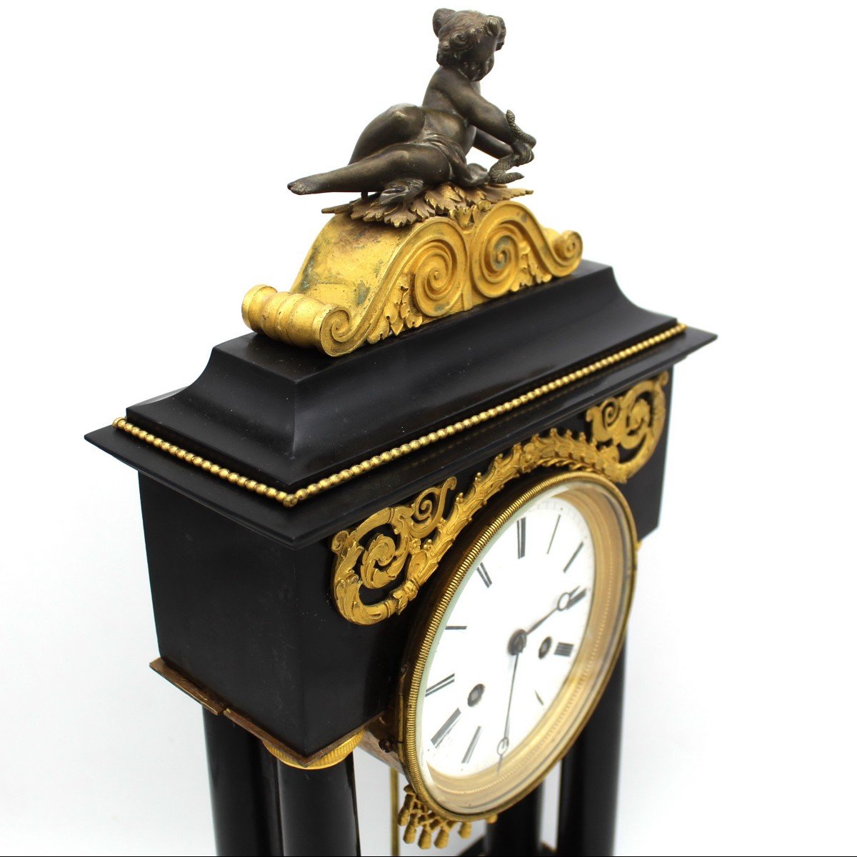 Ancien Horloge Pendule Portique d'époque Directoire en bronze doré et marbre (H.53) - 18ème signé-photo-2
