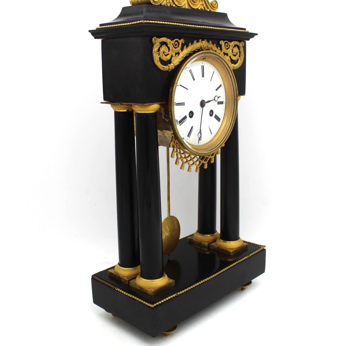 Ancien Horloge Pendule Portique d'époque Directoire en bronze doré et marbre (H.53) - 18ème signé-photo-4