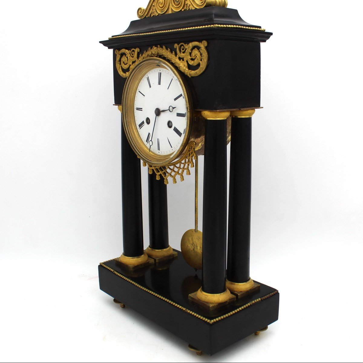 Ancien Horloge Pendule Portique d'époque Directoire en bronze doré et marbre (H.53) - 18ème signé-photo-5