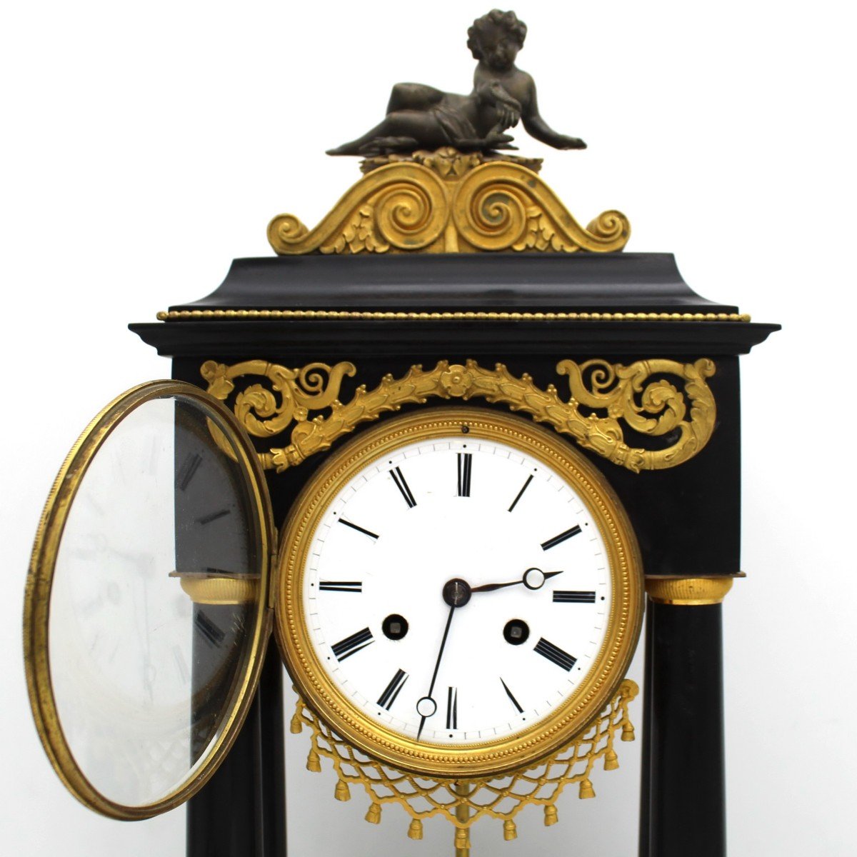 Ancien Horloge Pendule Portique d'époque Directoire en bronze doré et marbre (H.53) - 18ème signé-photo-6