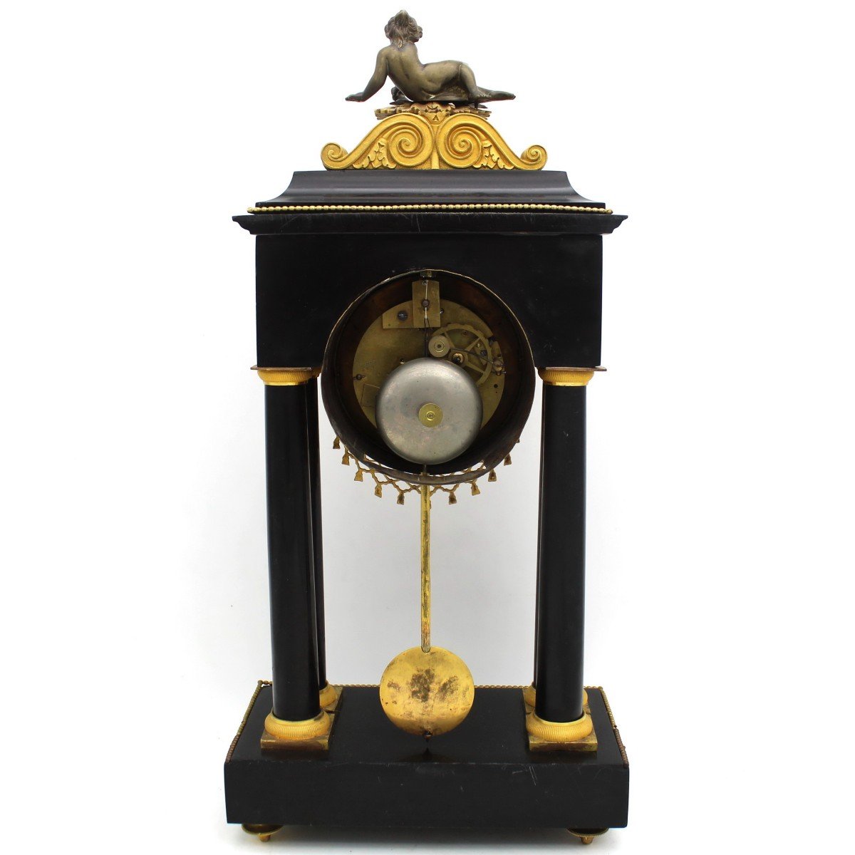 Ancien Horloge Pendule Portique d'époque Directoire en bronze doré et marbre (H.53) - 18ème signé-photo-8