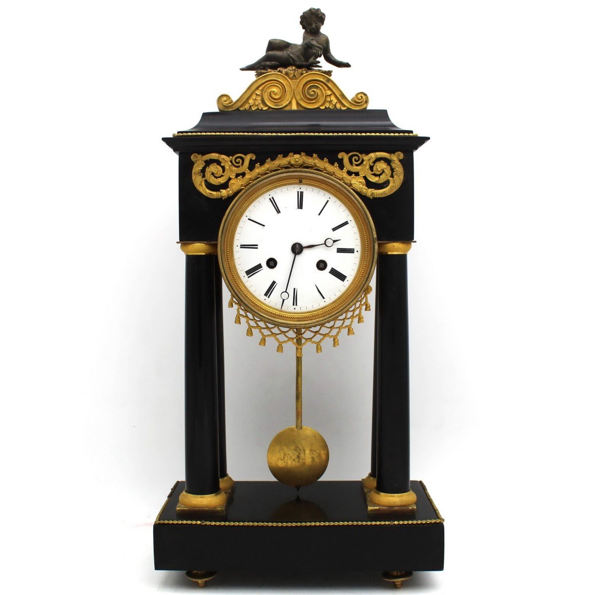 Ancien Horloge Pendule Portique d'époque Directoire en bronze doré et marbre (H.53) - 18ème signé