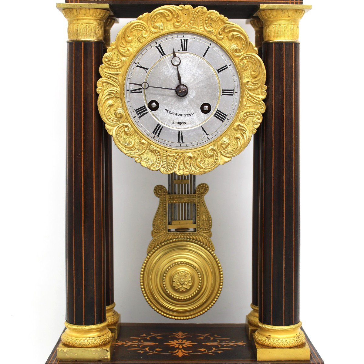 Ancien Horloge Pendule Portique d'époque Charles X en palissandre et marqueterie - 19ème signé-photo-2