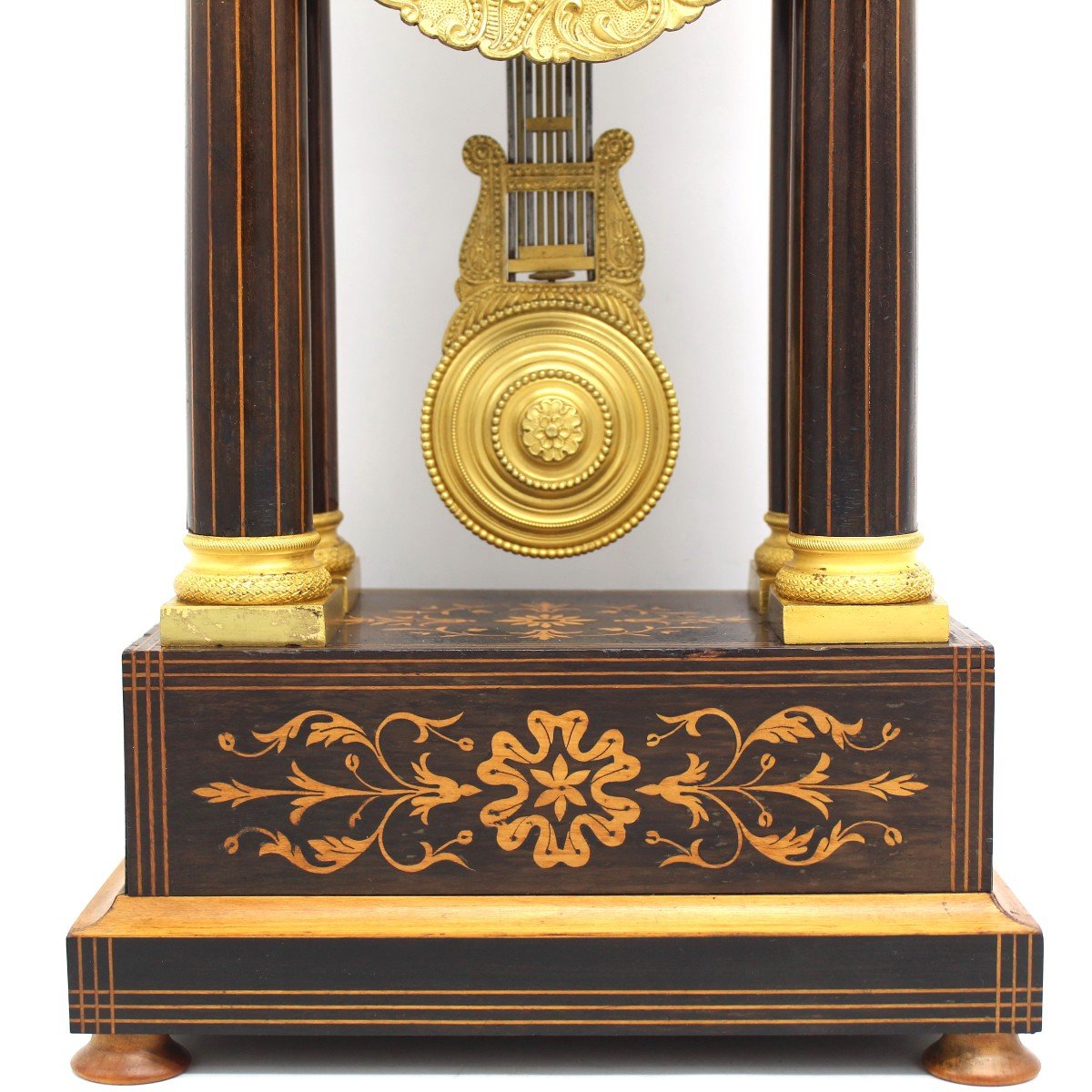 Ancien Horloge Pendule Portique d'époque Charles X en palissandre et marqueterie - 19ème signé-photo-4