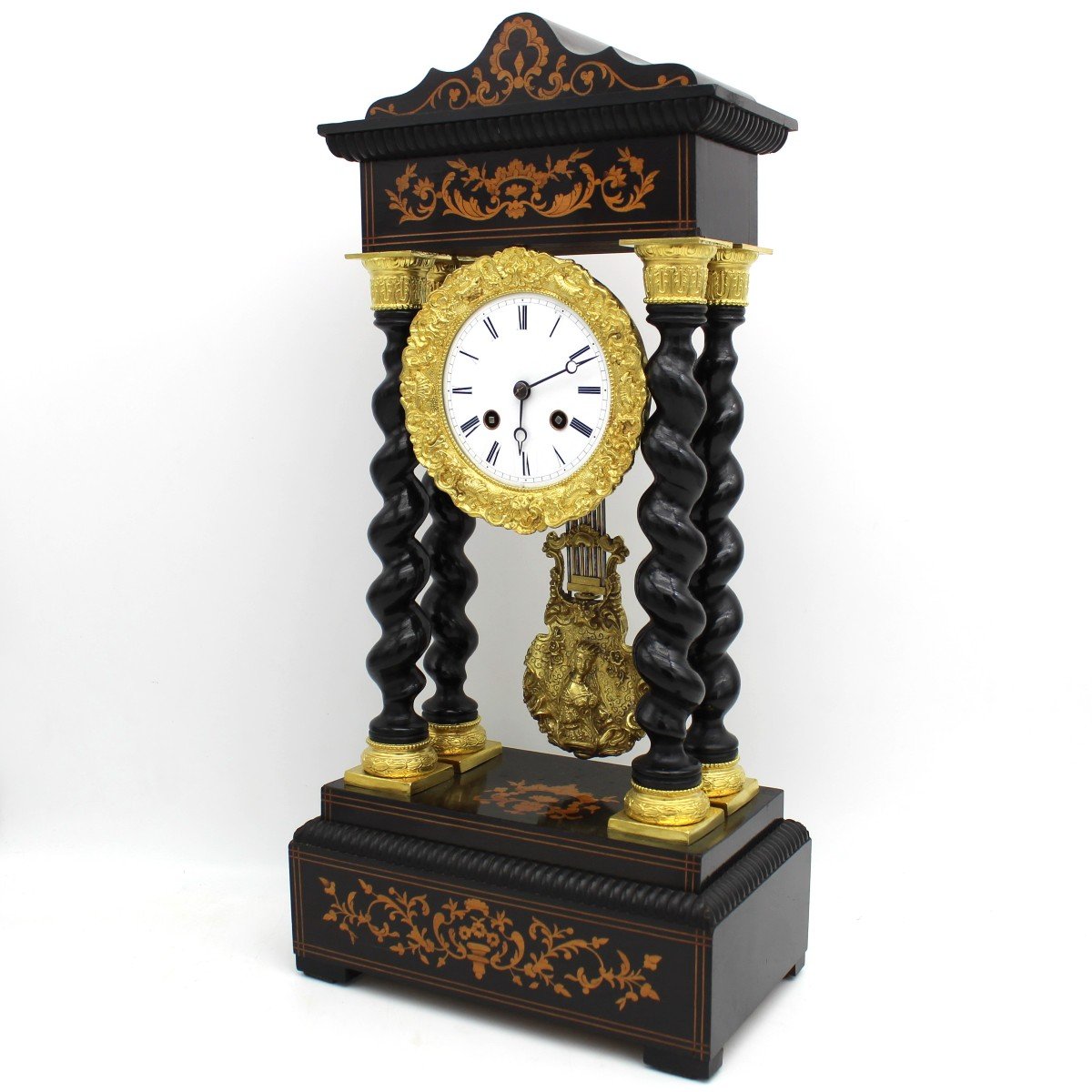 Ancien Horloge Pendule Portique d'époque Napoleon III en marqueterie (H.50) - 19ème-photo-1