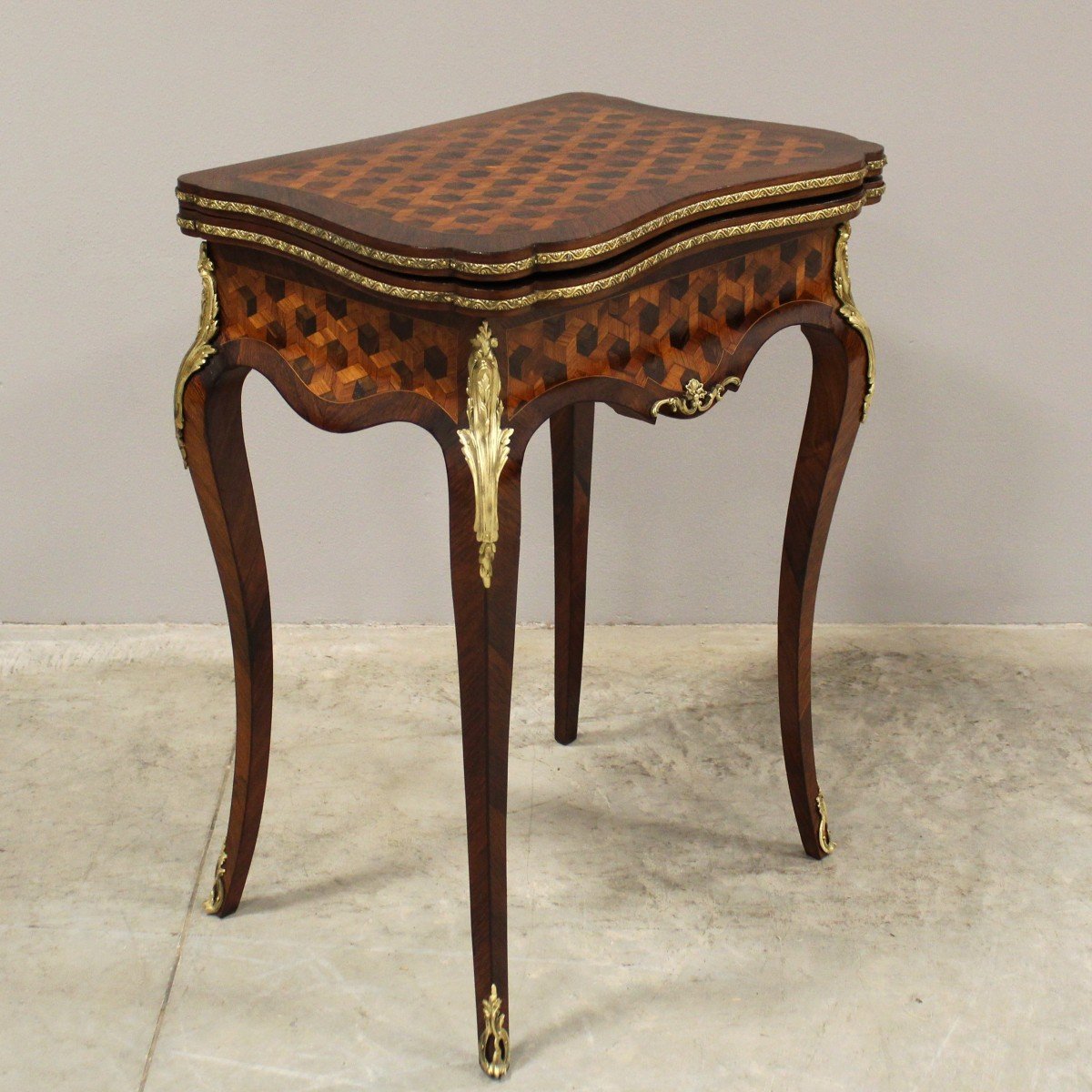 Ancien Console petite Table à jeux d'époque Napoleon III en marqueterie - 19ème -photo-3