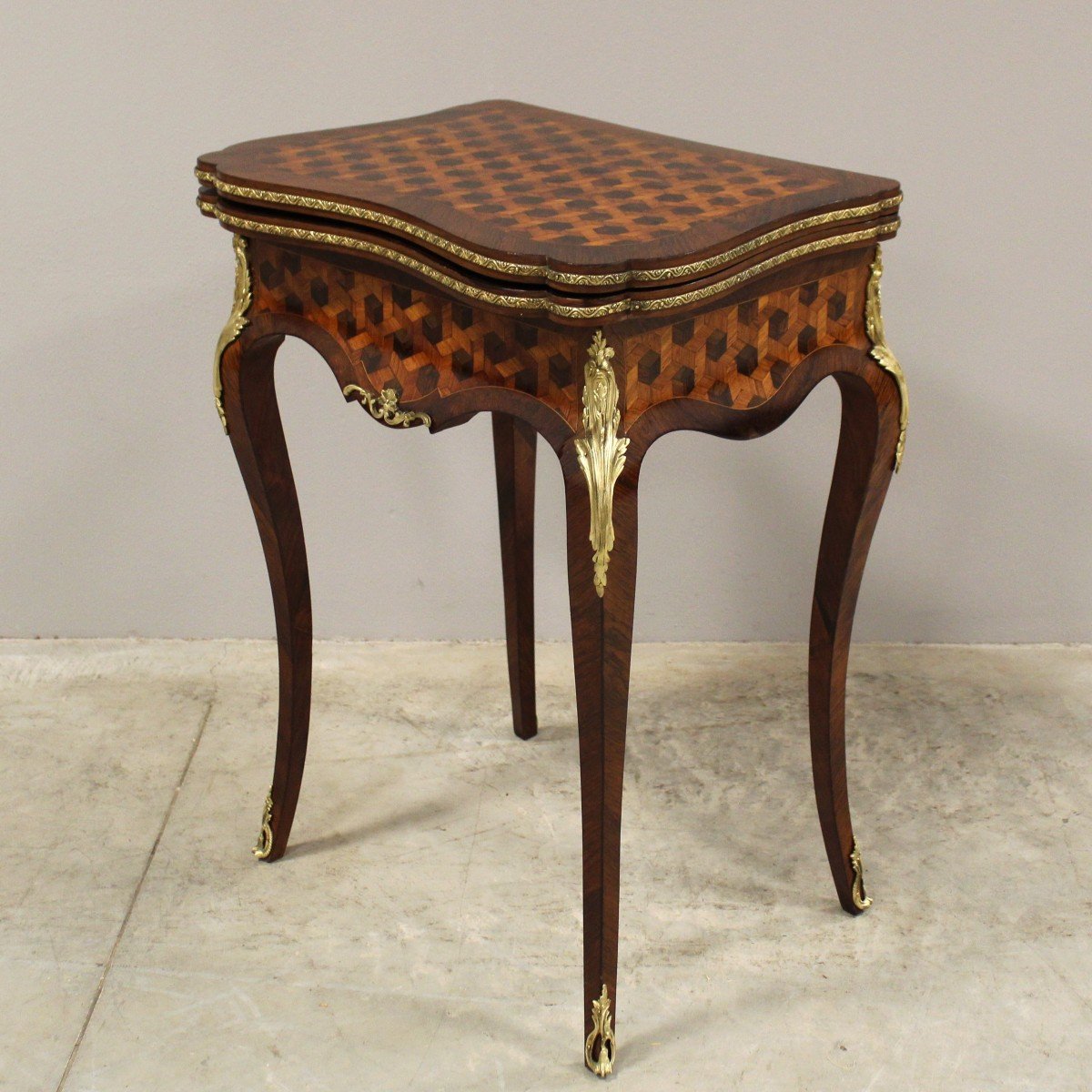 Ancien Console petite Table à jeux d'époque Napoleon III en marqueterie - 19ème -photo-4