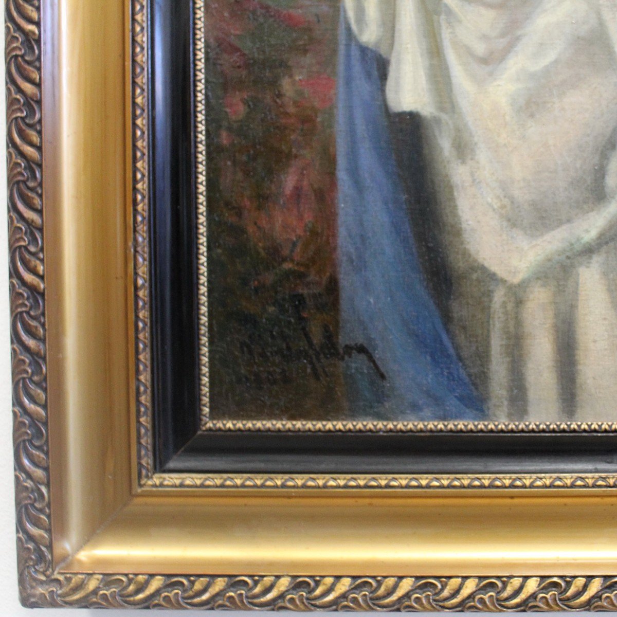 Ancien Tableau peinture huile sur toile avec cadre doré - daté 1902 et signé-photo-3