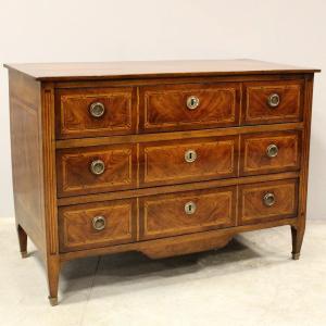 Antique Louis XVI Chest Of Drawers In Walnut Cherrywood And Marquetry - 18th