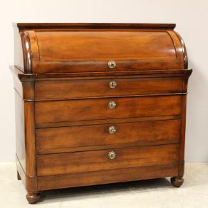 Antique Charles X Cylinder Desk Chest Of Drawers In Walnut - Italy 19th