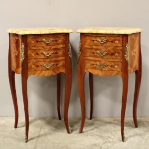 Antique Pair Of Napoleon III Bedsides Nightstands Tables In Marquetry