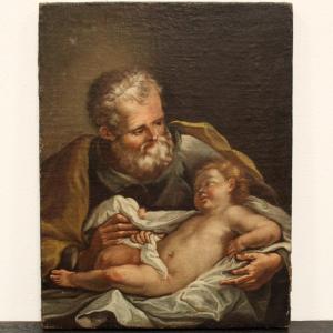 Ancien tableau huile sur toile - Saint Joseph avec l'Enfant - Italie 18ème