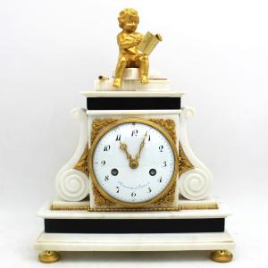 Ancien Horloge Pendule d'époque Louis XVI en bronze doré et marbre - 18ème signé