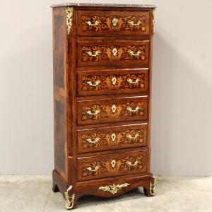 Ancien semainier chiffonnière commode d'époque Napoleon iii en marqueterie - 19ème