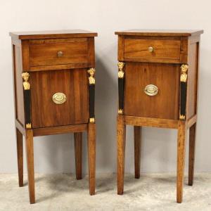 Antique Pair Of Directoire Bedside Nightstand Tables In Walnut "retour d'Egypte" Italy 18th