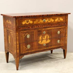 Ancien commode Louis XVI en noyer et marqueterie - Italie 19ème