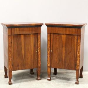 Antique Pair Of Empire Bedsides Nightstands Tables In Walnut And Marquetry - Italy 19th