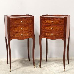 Ancien paire de tables de chevets chiffonnières Napoleon III en marqueterie