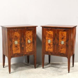 Ancien paire tables de chevets d'époque Louis XVI en noyer et marqueterie - Italie 18ème