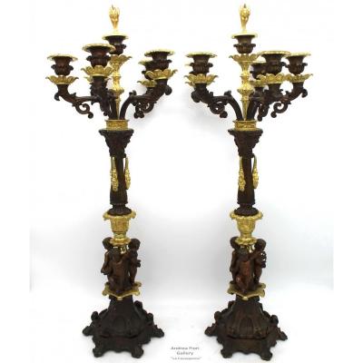 Ancien Paire de Chandeliers Candelabres Bougeoirs d'époque Empire (H.70) en bronze - du 19ème