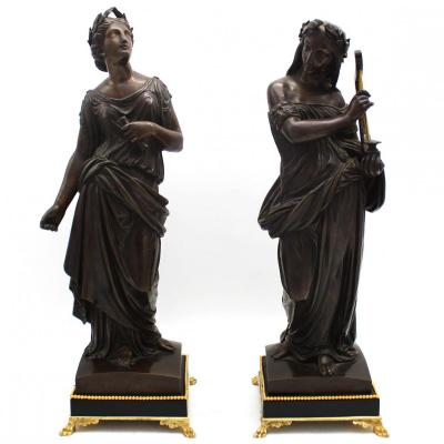 Antique Pair Of Napoleon III Sculpture In Bronze The Muses Clio And Terpsichore - 19th